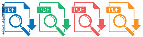 Set of colorful pdf document icons with magnifying glass and download arrow, representing file search and download, isolated on transparent background these symbols convey accessibility