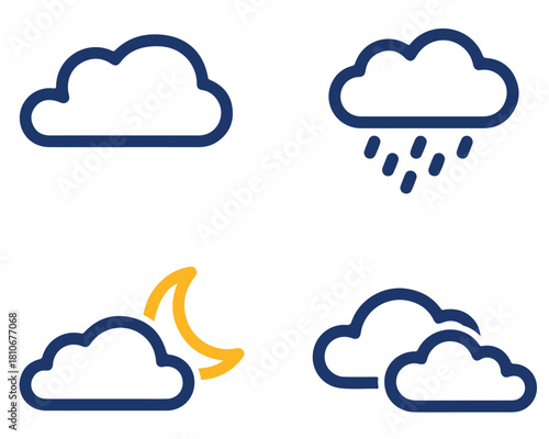 Weather forecast icons isolated on transparent background cloud, rain, night, and overcast, representing various weather conditions and predictions for meteorology and climate