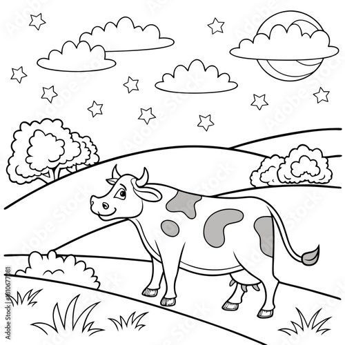 A charming cow grazes under a starlit sky, isolated on