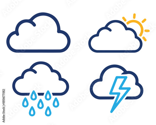 Weather forecast icons isolated on transparent background cloud, partly cloudy, rain, and thunderstorm, representing various weather conditions and predictions for meteorology