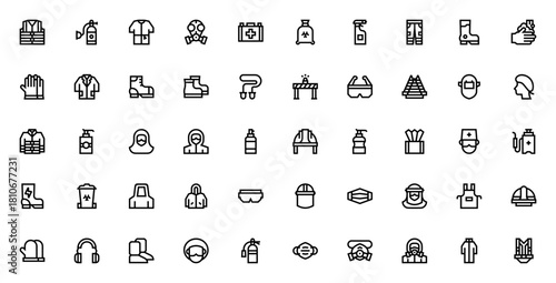 Personal Protective Equipment PPE icon set. Vector ilustration. Includes symbos for hazmat, gas mask, glves, helmet, gown, safety oggles, disinfectant and mre.