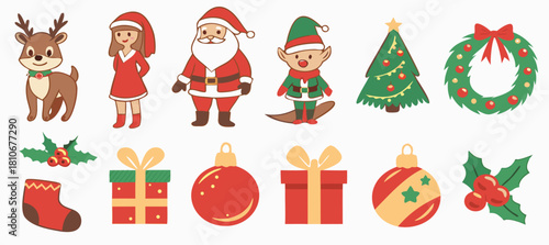 Christmas characters and objects illustrations set. Vector cartoon clipart for Christmas decorations
