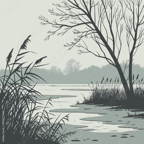 A serene lakeside landscape with reeds and bare trees in muted tones