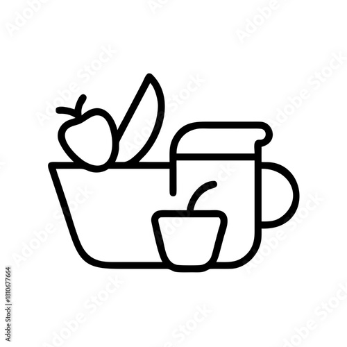 Black outline of a bowl with fruit and a pitcher isolated on