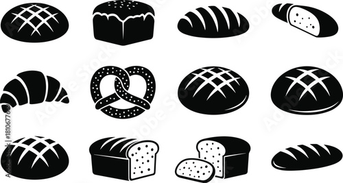 Bakery bread and pastry silhouette icons set, black vector food collection isolated on white background.
