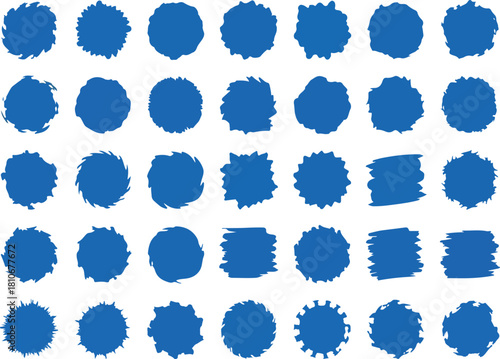 A grid of 36 blue circular blotches of various shapes on a white background