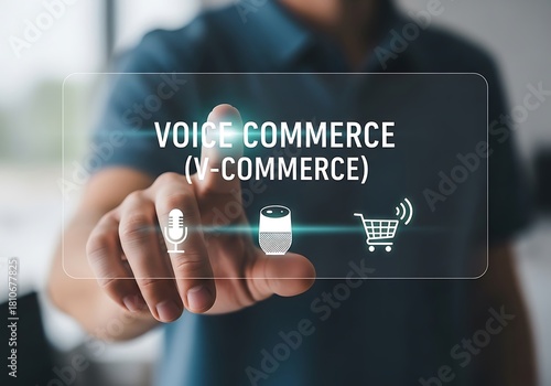 A hand interacts with a transparent digital display showing voice commerce vcommerce and icons for a microphone, smart speaker, and shopping cart, symbolizing voiceactivated online retail