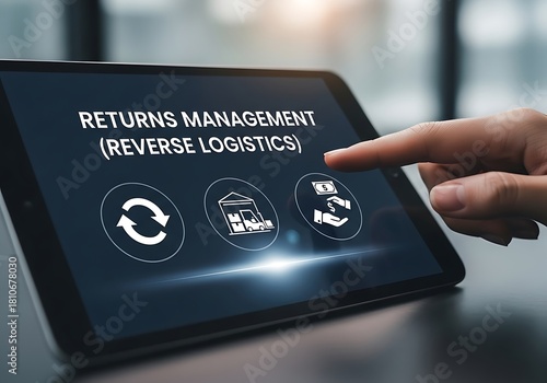 Returns Management and Reverse Logistics concept on a digital tablet with a hand touching the screen. E-commerce supply chain process.