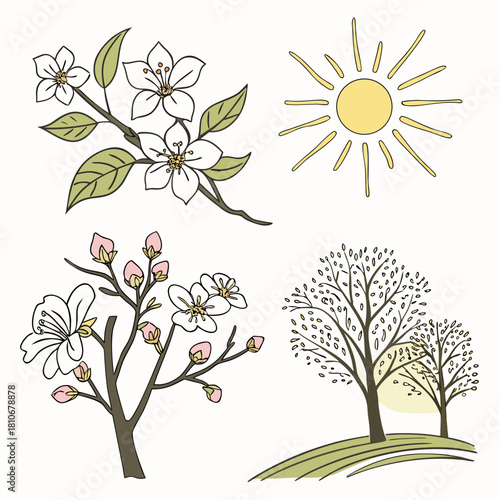 Illustration of spring season with flowers, trees, and sun isolated on