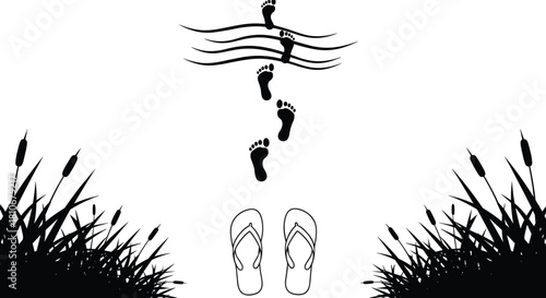 Black and White Vector Illustration of Flip Flops and Footprints Leading into Water Waves Between Reeds on White Background