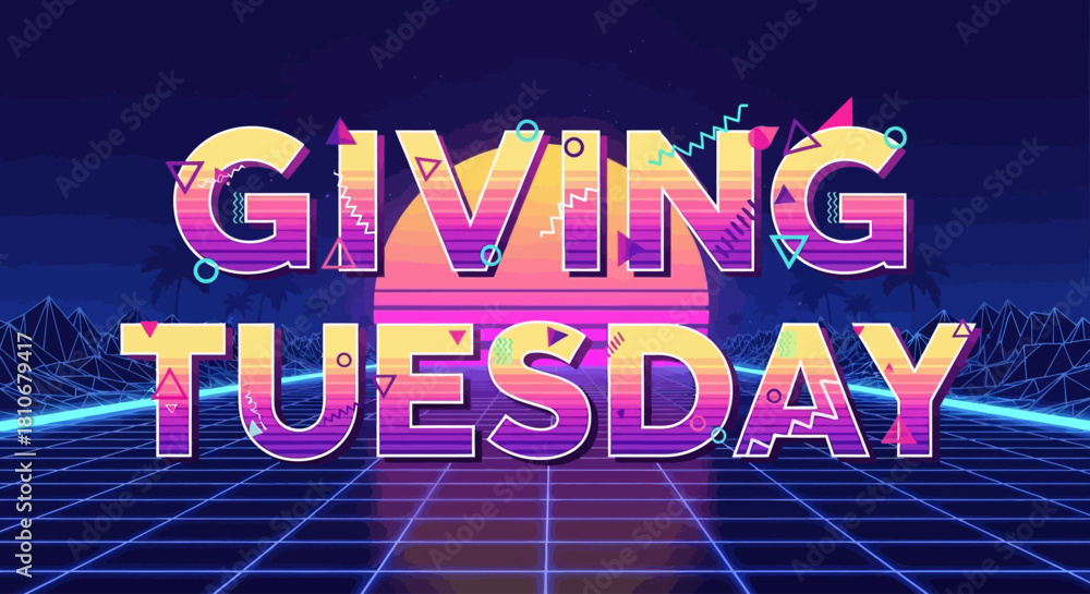 Obraz premium Vaporwave Horizon Typography Giving Tuesday Vector — Neon Gradient Retro Design
