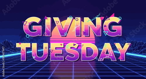 Vaporwave Horizon Typography Giving Tuesday Vector — Neon Gradient Retro Design