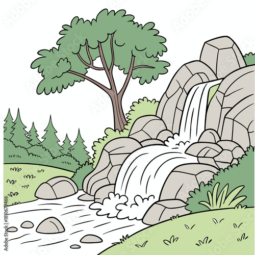 Waterfall cascading down rocks surrounded by trees isolated on