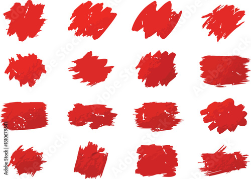 A grid of sixteen red brush stroke shapes irregularly shaped and textured against a white background