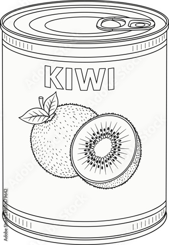 Vector black and white outline illustration of metal tin can with kiwi fruit label, coloring book page for kids, isolated food packaging sketch