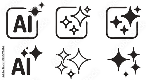 AI generate icons set. AI sparkle stars with square icon. Artificial intelligence technology and Machine learning concept. Generate symbol for application and web.
