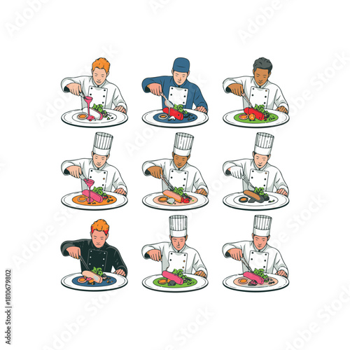 Nine chefs plating gourmet food dishes in artistic culinary presentation cooking