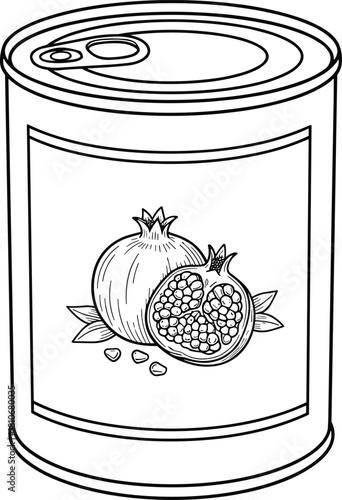 Vector black and white outline illustration of metal tin can with pomegranate fruit label, coloring book page for kids, isolated food packaging sketch