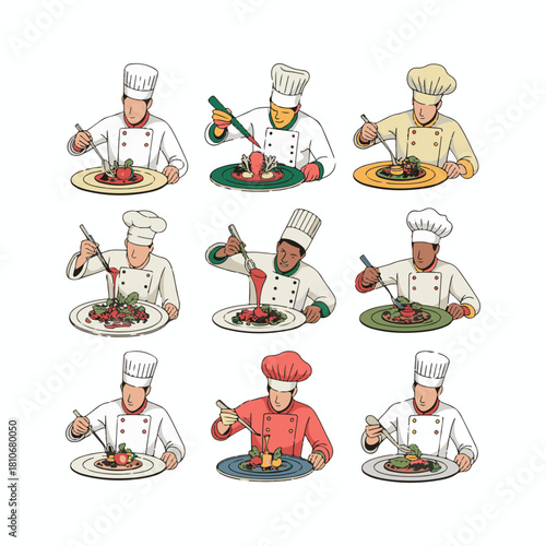 Nine chefs in white and red uniforms plating food on white and green plates cooking kitchen