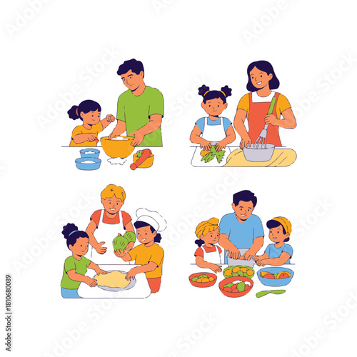 Families cooking together four scenes of parents and children preparing food family