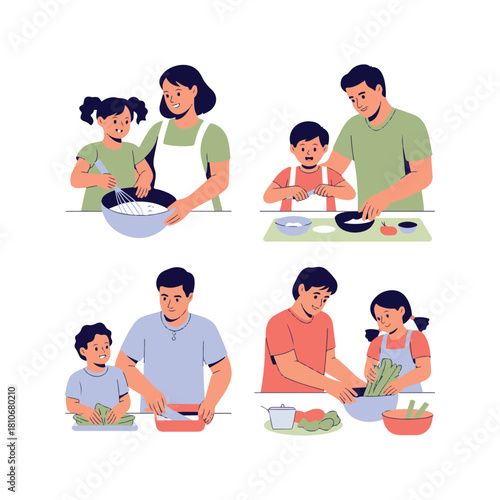 Family cooking together four scenes of parents and children preparing food preparation kitchen