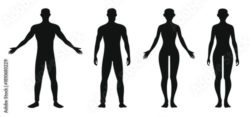 Man and woman body silhouette. Human figure outline. Male and female front view body shapes standing full height. Bare and naked slim healthy people.
