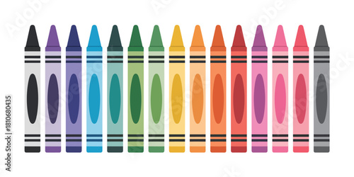 School supply crayon illustration featuring black, blue, turquoise, teal, green, yellow, orange, red, pink, purple, brown, and gray crayons isolated on white background.