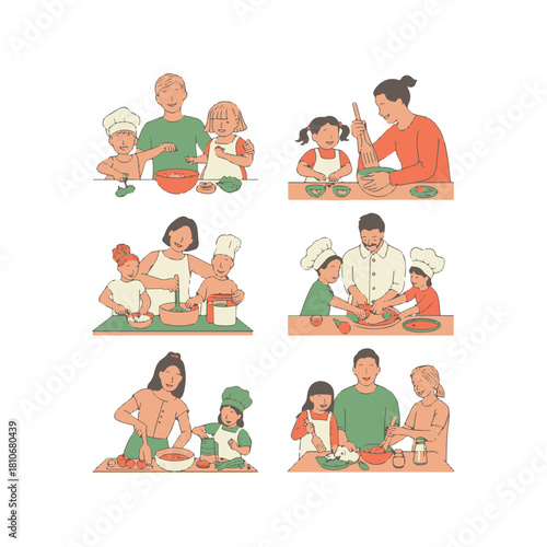 Six scenes of families cooking together with children wearing chef hats family kitchen