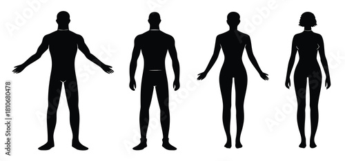 Man and woman body silhouette. Human figure outline. Male and female front view body shapes standing full height. Bare and naked slim healthy people.
