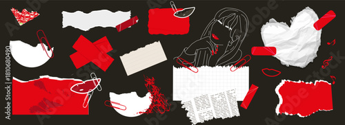A set of vector collage elements: torn paper, stickers, bright tape, paper clips, and a linear silhouette of a girl. Perfect for posts, banners, covers, scrapbooking, and retro design, advertising.