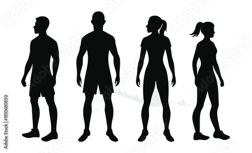 Fit man and woman silhouettes set. Vector flat illustrations of sporty male and female figures.
