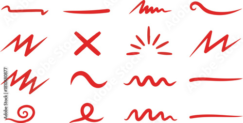 Collection of Red Hand Drawn Underlines and Marks Keywords: red, underline, mark, stroke