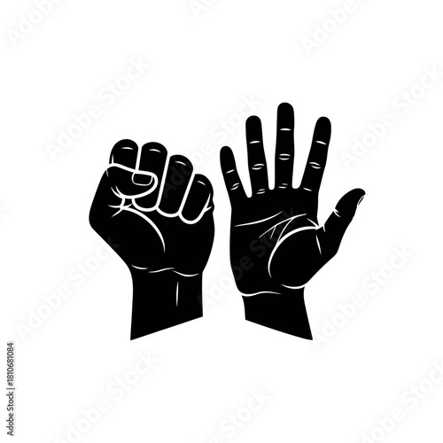 Black and white illustration of a clenched fist and an open hand side by side.