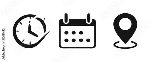 Location, time, calendar and notification bell icons set. Flat simple illustrations of pin, date, clock and bell
