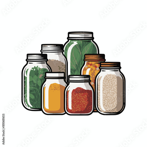 Assortment of Glass Jars Filled With Various Foods And Ingredients preserve