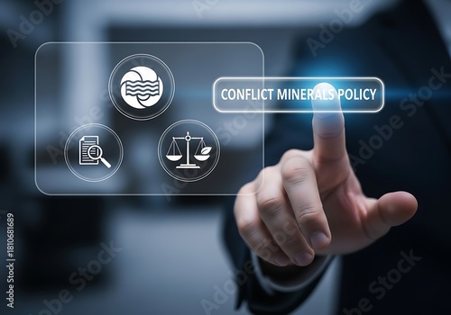 Businessman touching a virtual screen with conflict minerals policy button, representing ethical sourcing, supply chain management, and corporate social responsibility in the mining industry