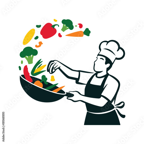 Chef tossing vegetables in wok with abstract food elements cooking