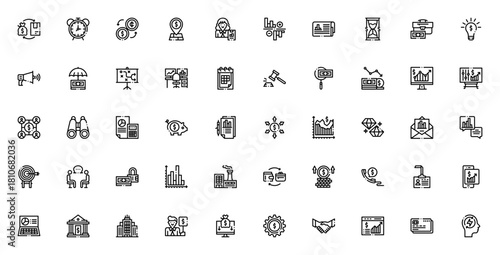 Trading icon set. Business vector icons pack. Includs symbols for investment, oney, chart, statistics, mrket analysis, currency exhange and more. Editable sroke.