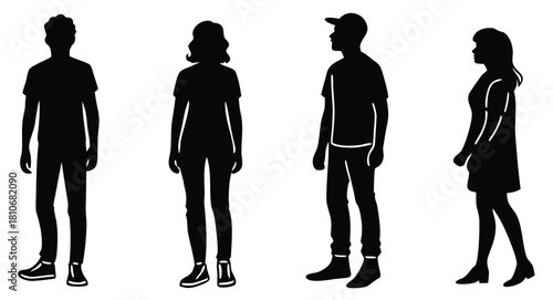 Guy and girl silhouettes set. Vector flat illustrations of standing young man and woman.
