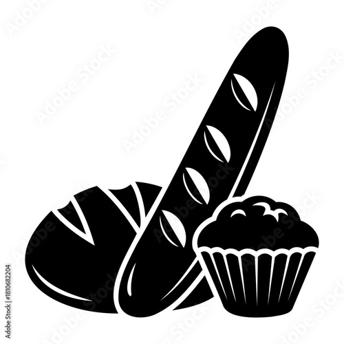 Bakery Icon Vector Illustration of a loaf of bread, a baguette, and a muffin, all in solid black on a transparent background