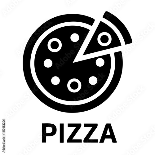 Bakery Icon Vector Illustration of a whole pizza with a slice missing, featuring circular toppings, presented in black and white