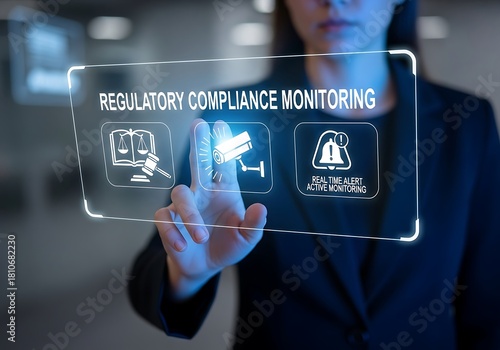 A professional interacts with a holographic interface displaying regulatory compliance monitoring and icons, representing digital solutions for legal, audit, and risk management in modern business