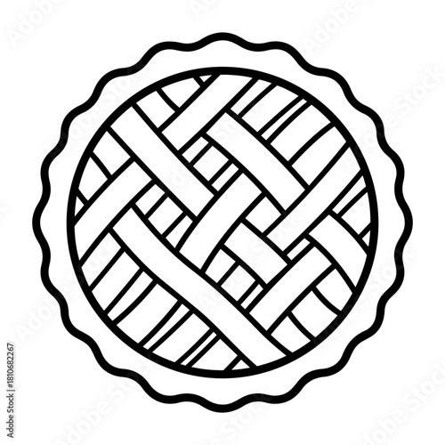Bakery Icon Vector Illustration of a pie with a lattice crust and a crimped edge, presented in a black outline style