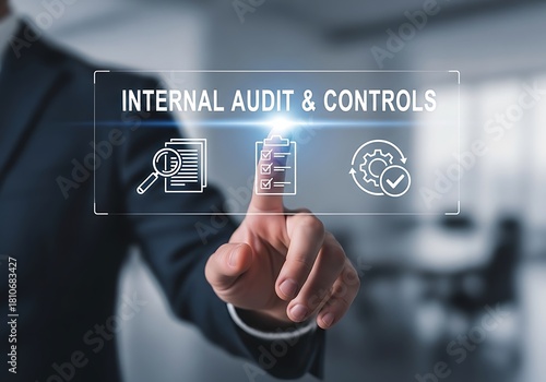 Businessmans hand touching a virtual screen with internal audit controls text and icons, representing financial examination, risk management, compliance, and corporate governance processes
