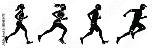 Running man and woman silhouettes set. Male and female runners figure shapes. Bare and naked slim healthy people work out
