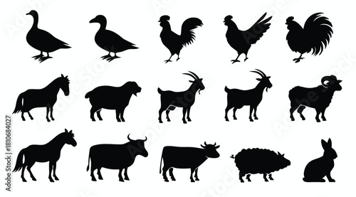 Farm animals silhouettes set. Flat vector illustrations of farm animals.
