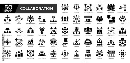 Collaboration collection set. Leadership, Team Management ,Collaboration, Organization Structure, Discussion, Network , Problem Solving, Business Meeting, icon. Simple Glyph vector illustrati
