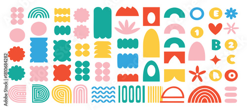 Abstract geometric shapes and icons. Colorful groovy brutal figures. Modern Swiss design aesthetic.
