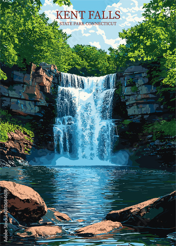 Kent Falls State Park, Connecticut vector illustration. Majestic waterfall plunging into a clear pool, framed by towering rocky cliffs and lush green summer trees.