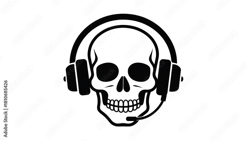 Fototapeta premium Black and white skull wearing headphones with a boom mic